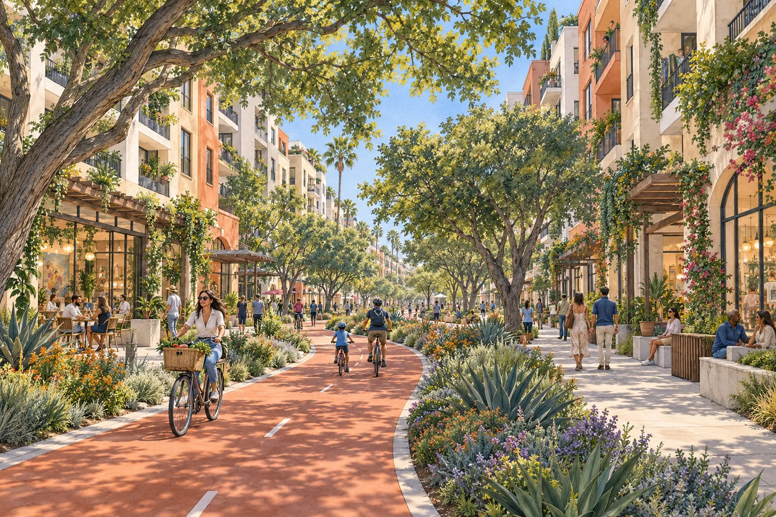 An imagined Santa Monica neighborhood with mid-rise homes, mature shade trees, a cycling corridor, and separate pedestrian paths.