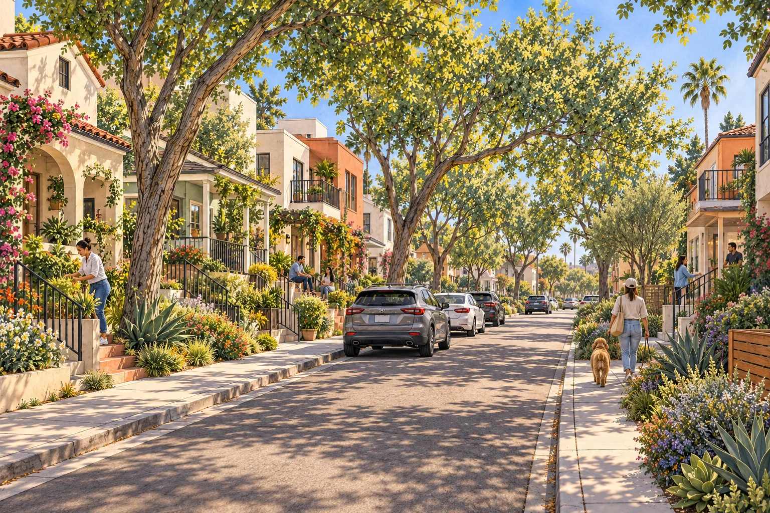 Imagined Santa Monica residential street with small homes, duplexes and triplexes, front gardens, mature shade trees, sidewalks, and a narrow road with parked cars.