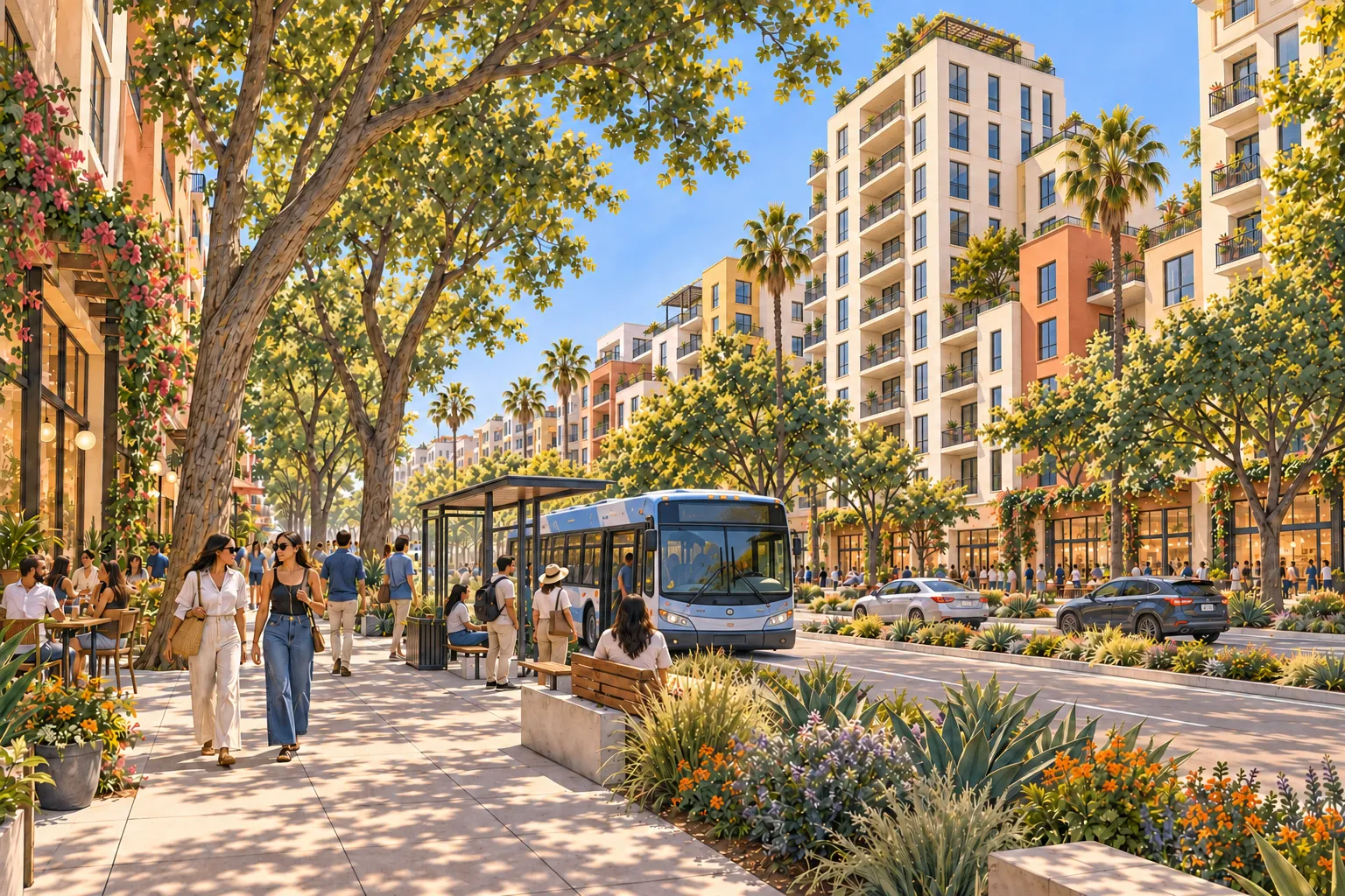 Imagined Santa Monica boulevard with taller homes above shops, a wide roadway carrying cars and a bus, and generous tree-shaded sidewalks.